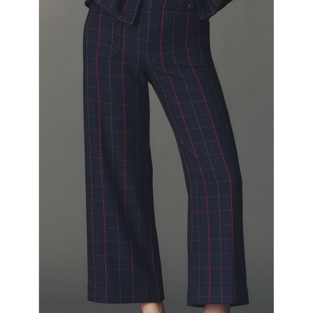 Maeve Anthropologie The Colette Navy Red Plaid Windowpane Wide Leg Pants 27 NWOT